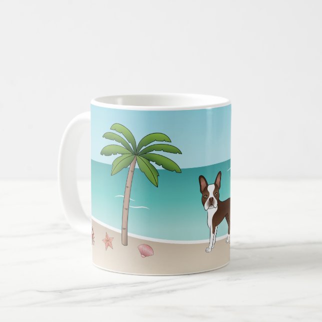 Caneca De Café Boston Terrier Marrom Em Uma Praia Tropical de Ver (Frente Esquerda)