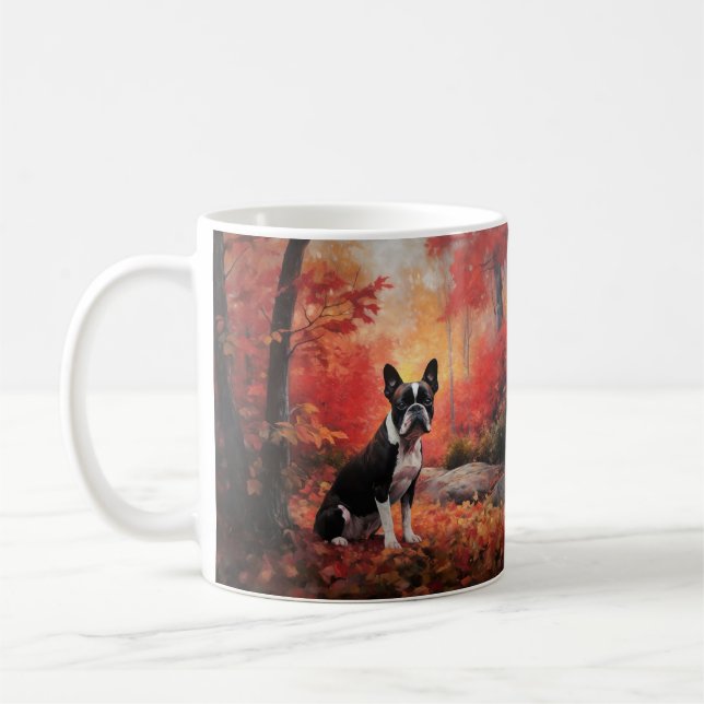 Caneca De Café Boston Terrier nas Folhas de Outono Caindo Inspira (Esquerda)