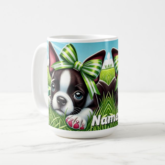Caneca De Café Boston Terrier Puppy personalizada com Arco verde (Frente Esquerda)