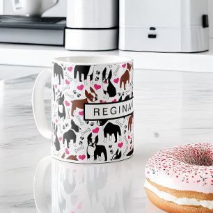 Caneca De Café Boston Terriers e Corações Fofos Nome Personalizad