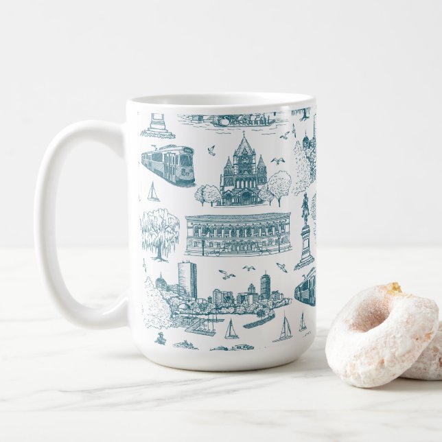 Caneca De Café Boston Toile (Ed. Aniversário) Azul/Branco (Com Donut)