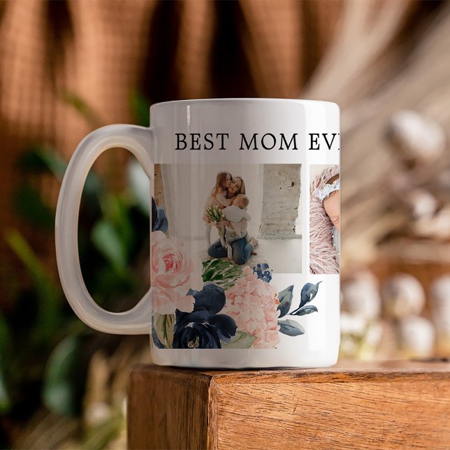 Caneca De Café Botânica Floral Melhor Mãe Colagem de Fotos Nunca (Presenting a custom-crafted Mother's Day mug with beautiful florals framing a photo collage)