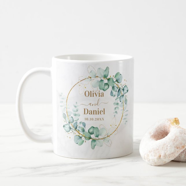 Caneca De Café Botânica Verde Dourada Personalizar Para Casamento (Com Donut)