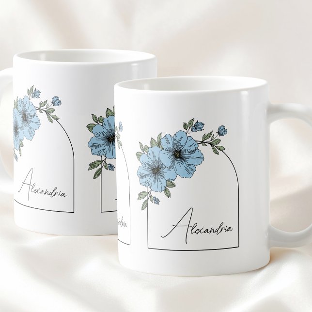 Caneca De Café Botanical Arch Black Script Elegant Blue Floral (Botanical Arch Black Script Elegant Blue Floral Coffee Mug)