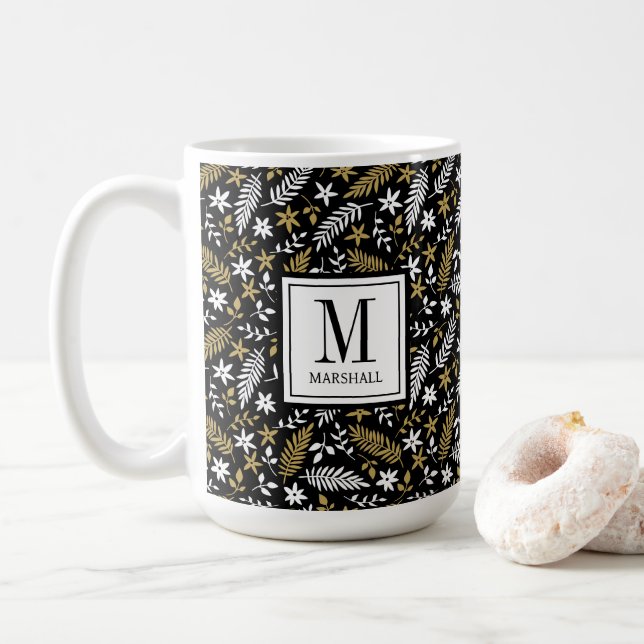 Caneca De Café Botanical Black Gold Monogram Name Holiday (Com Donut)