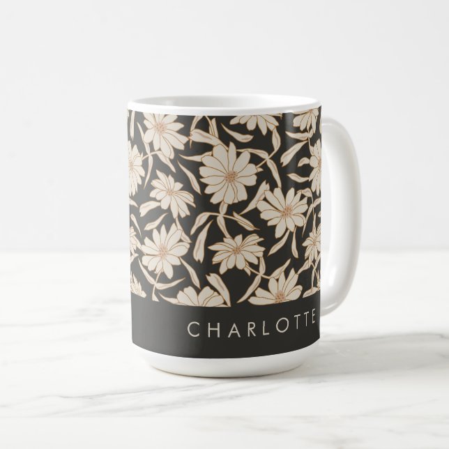 Caneca De Café Botânico Moderno Boho Preto Marfim Personalizado (Frente Esquerda)