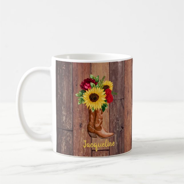 Caneca De Café Botas Cowgirl de Madeira Rústica Rosas Girassóis P (Esquerda)
