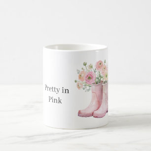 Caneca De Café Botas de Chuva com Flores de Ranúnculo Rosa
