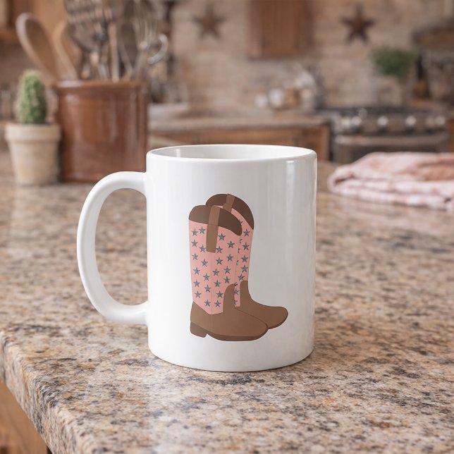 Caneca De Café Botas de Cowboy Modernas Ocidentais com Estrelas d (A mug with boots done in pink with a faux silver glitter star pattern.)