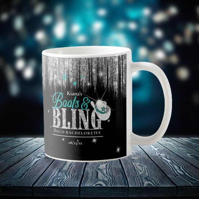 Caneca De Café Botas 'n Bling Disco Bachelorette Azul ID925  (Criador carregado)