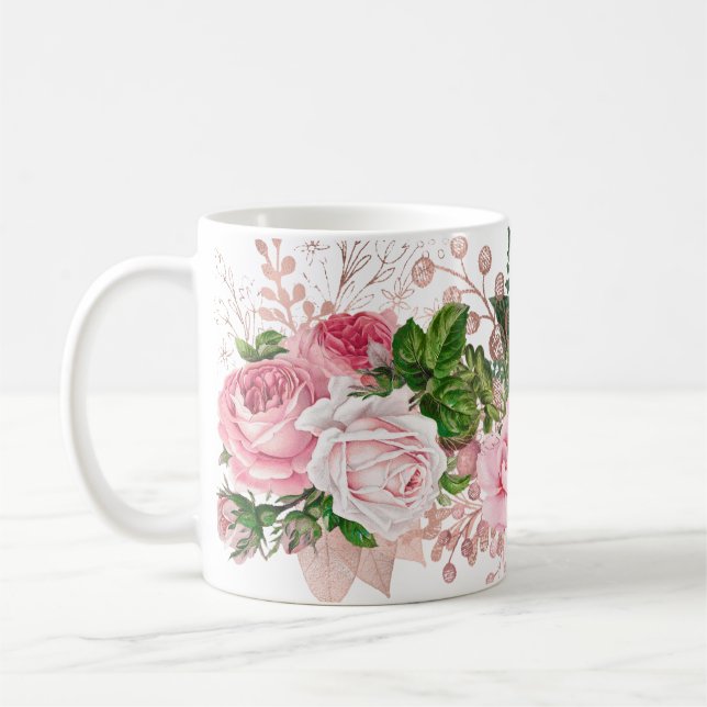 Caneca De Café Bouquet Rosa Rosa e Verde (Esquerda)