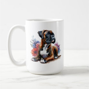 Caneca De Café Boxer entre as Flores em Aquarela