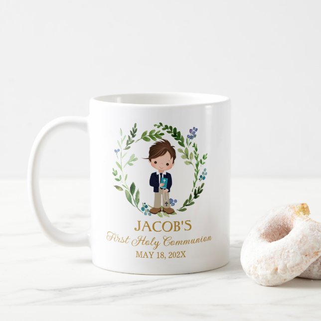 Caneca De Café Boy First Communion Favors Greenery Wreath (Com Donut)
