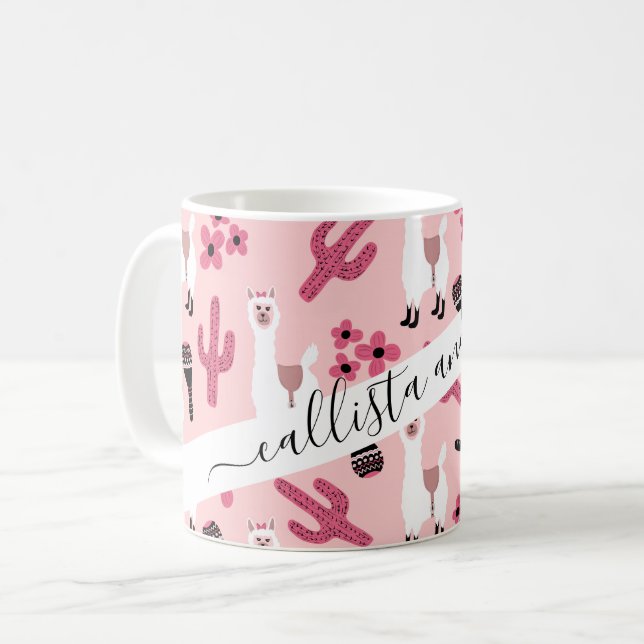 Caneca De Café Branca Adorável Llama Maraca Cactus Floral (Frente Esquerda)