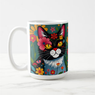Caneca De Café Branca e Gato de Arte Foliar e Flores