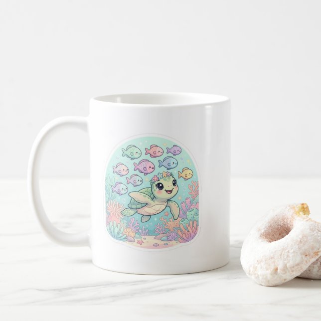 Caneca de Café Branca Vida Marinha Tartaruga Marin (Com Donut)