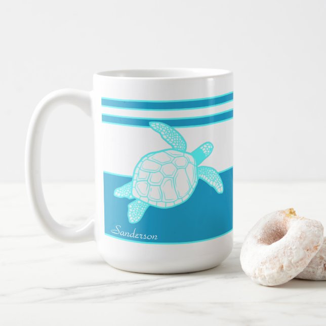 Caneca De Café Branco azul-azul-tartaruga costeira náutica (Com Donut)