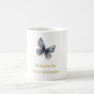 Caneca De Café Branco Azul Creme Borboleta Ouro Sonhos
