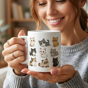 Caneca de Café Branco com Gatinhos Fofos Kawaii