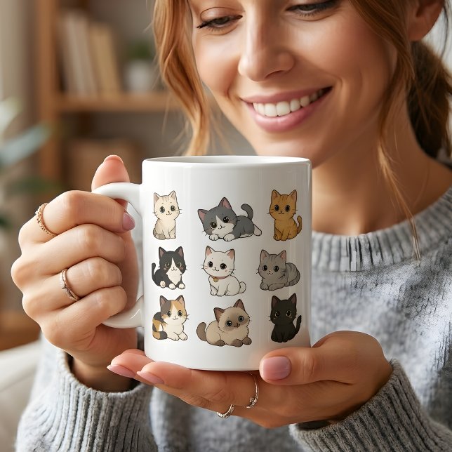 Caneca de Café Branco com Gatinhos Fofos Kawaii (Criador carregado)