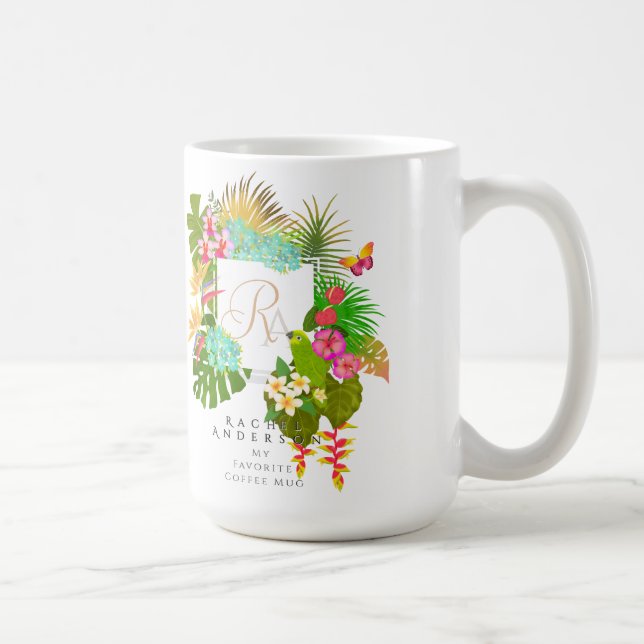 Caneca De Café Branco Monograma de Jardim Tropical (Direita)