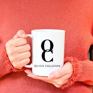 Caneca De Café Branco preto mínimo Elegante clássico monograma ch