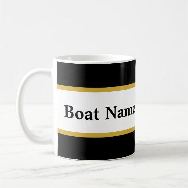 Caneca De Café Branco preto simples e Dourado com o nome do barco (Esquerda)