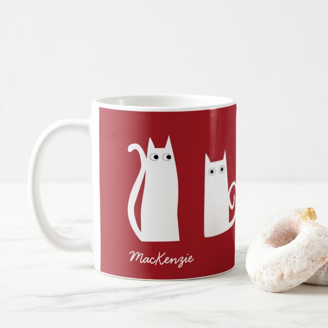 Caneca De Café Branco Vermelho Personalizado do Cat (Com Donut)