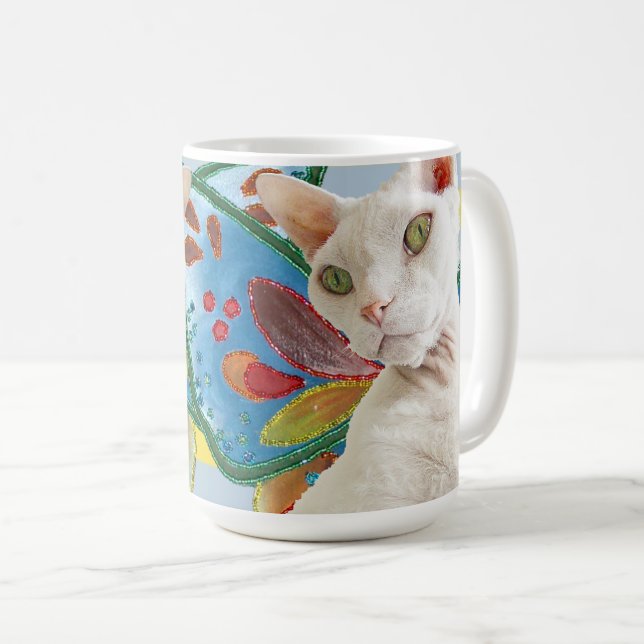 Caneca De Café Brancos Devon Rex Cat Rainbow Fairy Wings (Frente Esquerda)