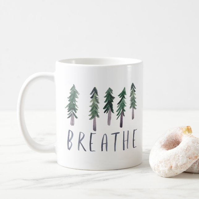 Caneca De Café BREATHE Pine Tres Forest Watercolor (Com Donut)