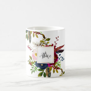 Caneca De Café Bridesmaid Monogram Watercolor Boho Burgundy Azul