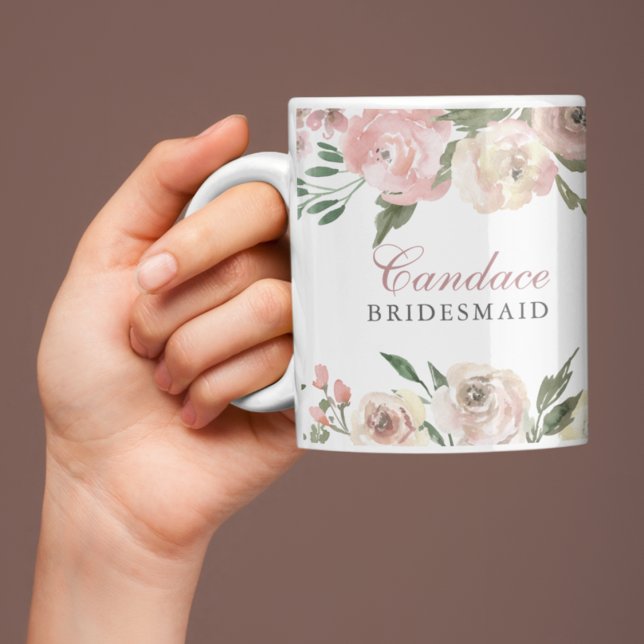 Caneca De Café Bridesmaid Personalizada Floral Pink-Blush Elegant (Criador carregado)