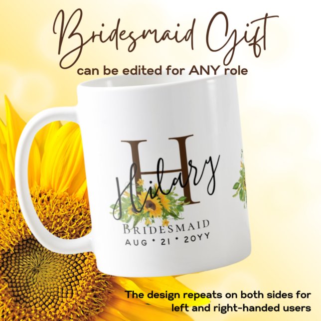 Caneca De Café Bridesmaid Personalizado Nome Inicial SUNFLOWERS (Criador carregado)