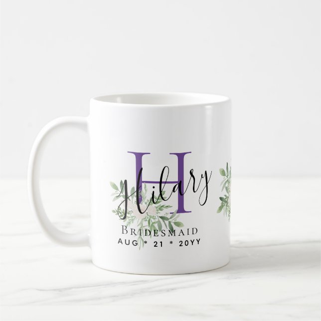 Caneca De Café Bridesmaid Purple Personalizado Nome Inicial Flora (Esquerda)