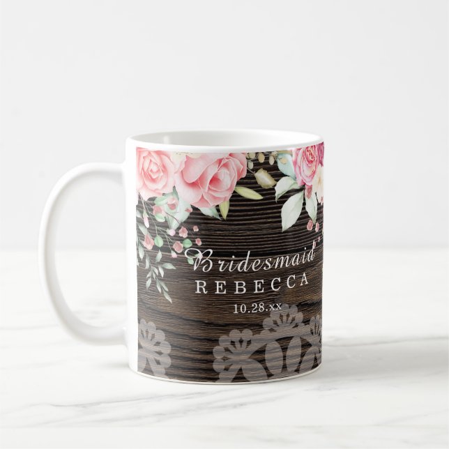 Caneca De Café Bridesmaid Rustic Floral Wedding (Esquerda)