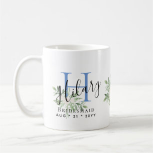Caneca De Café Bridesmaids Personalizados Azul Nome Inicial Flora