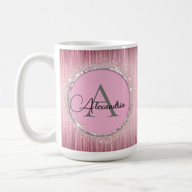 Caneca De Café Brilho Cor-de-RosaMonograma Glitter (Esquerda)