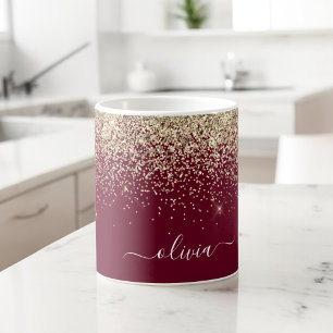 Caneca De Café Brilho Dourado e Borgonha Monograma Glam Feminino