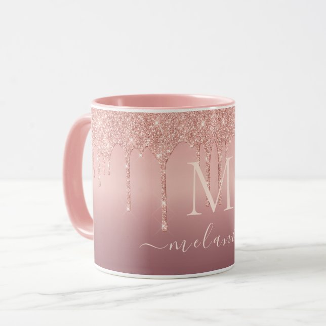 Caneca de Café Brilho em Dourado Rosa Seu Nome e L (Frente Esquerda)