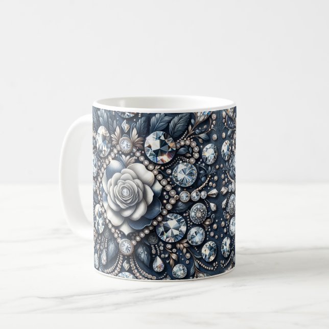 Caneca De Café Brilho Glam Denim & Diamonds Jóias Rosa (Frente Esquerda)
