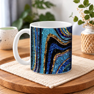 Caneca De Café Brilho Glam Glitter arte girly mármore azul Café