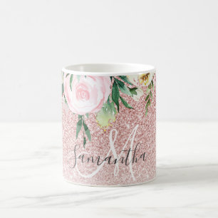 Caneca De Café Brilho Rosa Moderno e Flores Brilhante com Nome