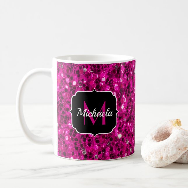Caneca De Café Brilho rosa quente monograma falso glitter (Com Donut)