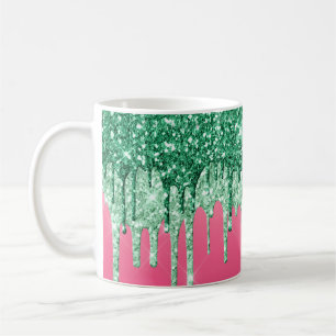 Caneca De Café Brilho Verde Goteja Rosa Glam Moda Divertida