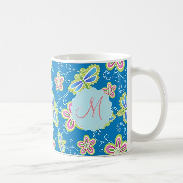 Caneca De Café Brillant floresce, libélulas e redemoinhos no azul (Direita)