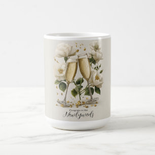 Caneca De Café Brinde de champanhe elegante com rosas brancas