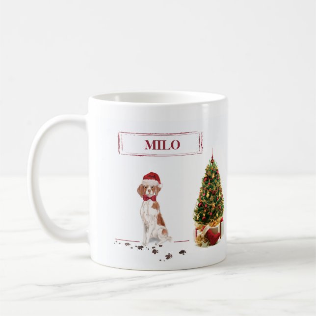 Caneca De Café Brittany Engraçado Cão de Natal e Árvore (Esquerda)
