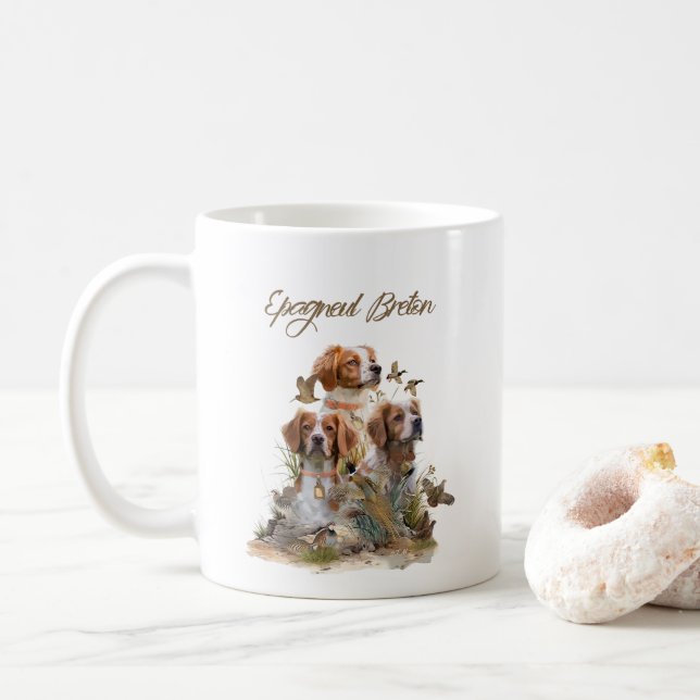 Caneca De Café Brittany Spaniel, Paixão por Aves (Com Donut)