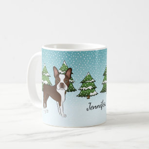 Caneca De Café Brown Boston Terrier em uma floresta e nome de inv