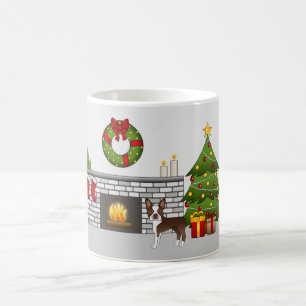 Caneca De Café Brown Boston Terrier Em Uma Sala De Natal Festiva
